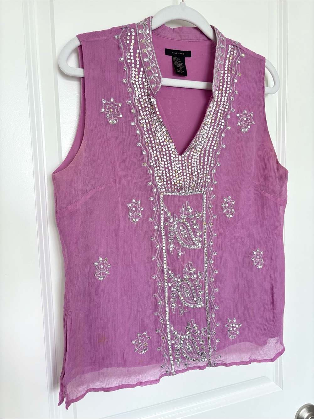 Vintage 100% Silk Silkland Pink Beaded Embellished Blouse Medium 80s 90s Luxe